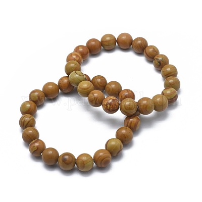 Natural Wood Lace Stone Bead Stretch Bracelets&nbsp;BJEW-K212-B-041-1