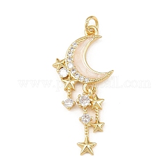 Brass Micro Pave Clear Cubic Zirconia Pendants, Moon Charm, with Enamel & Jump Ring, Long-Lasting Plated, Cadmium Free & Lead Free, Real 18K Gold Plated, 36x17x3mm, Hole: 3.4mm