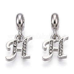 Platinum Rack Plating Alloy Rhinestone European Dangle Charms, Large Hole Pendants, Letter, Cadmium Free & Lead Free, Letter.H, 23~27mm, Hole: 4.5mm, Pendants: 13~16.5x6~14x2mm, hole: 2mm