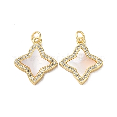 Brass Micro Pave Clear Cubic Zirconia Pendants, Cadmium Free & Lead Free, with Shell, Real 18K Gold Plated, Star, 20.5x18x2.5mm, Hole: 3mm