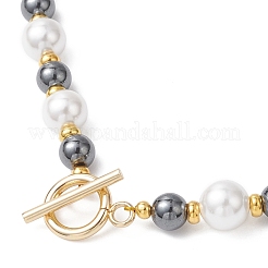 8MM White Shell Pearl with 6MM Synthetic Non-Magnetic Hematite Round Beaded OT Necklaces&nbsp;NJEW-JN05698