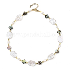 Natural Paua Shell Rhombus & Natural Baroque Keshi Pearl Oval Beaded Necklaces with 304 Stainless Steel End Chains&nbsp;NJEW-JN06522
