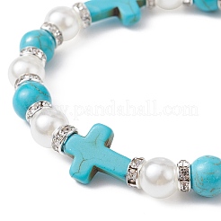 Synthetic Turquoise Cross & ABS Plastic Pearl Beaded Stretch Bracelet&nbsp;BJEW-JB09766