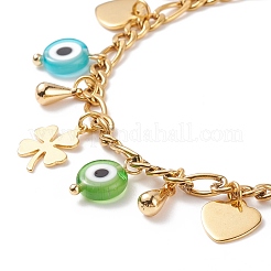 Lampwork Evil Eye & Brass Clover Heart Charms Bracelet with Stainless Steel Chains for Women&nbsp;BJEW-TA00141