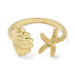 Shell Shape & Starfish Rack Plating Brass Cuff Finger Rings for Women&nbsp;RJEW-C114-07G