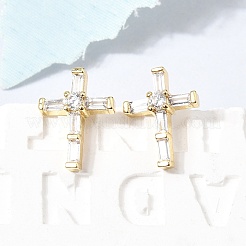Cross Brass Micro Pave Clear Cubic Zirconia Stud Earrings&nbsp;EJEW-C186-18G-02