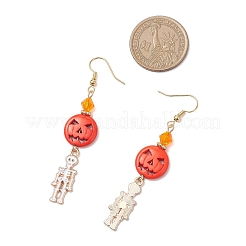 Brass Pumpkin with Skeleton Dangle Earrings&nbsp;EJEW-TA00691