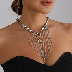 Two Tone Alloy Sun and Chain Tassel 2-Strand Bib Necklaces with CCB Plastic Beads for Women&nbsp;WG233F9-01