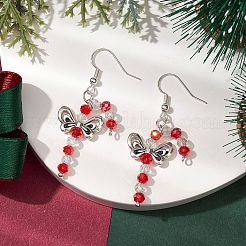 Christmas Bowknot Candy Cane Electroplated Glass Bead & Alloy Dangle Earrings&nbsp;EJEW-TA00502