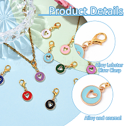 40Pcs 10 Colors Zinc Alloy Enamel Flat Round with Hollow Heart Pendant Decorations&nbsp;HJEW-YW00136