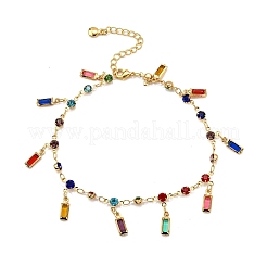 Bohemian Brass & Acrylic Flat Round Link Chain Anklets with Colorful Rectangle Tassel&nbsp;LS-AJEW-Z046-03G