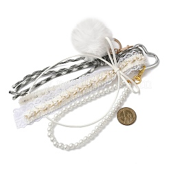 Imitation Rabbit Hair Ball & Polyester Ribbon & Plastic Pearl Bead Pendant Decorations&nbsp;HJEW-JM04334