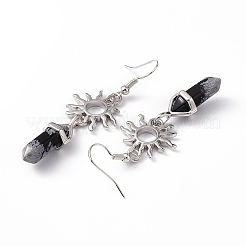 Natural Snowflake Obsidian Bullet with Sun Dangle Earrings&nbsp;EJEW-I276-01P-03