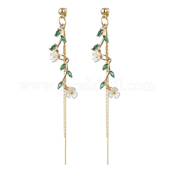 Leaf with Flower Brass Micro Pave Cubic Zirconia Tassel Stud Earrings&nbsp;EJEW-JE06456