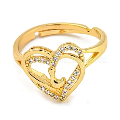 Heart with Letter Rack Plating Brass Micro Pave Clear Cubic Zirconia Adjustable Rings for Women&nbsp;RJEW-I105-01G-L