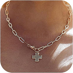 Brass Textured Cross Pendant Paperclip Chain Necklaces for Women Men&nbsp;FS-WGF368A-01
