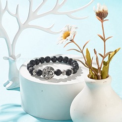 Natural Lava Rock Stretch Bracelet with Alloy Leaf Beads&nbsp;BJEW-JB08041