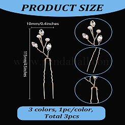 3Pcs 3 Colors Brass Rhinestone Hair Forks&nbsp;MRMJ-LP0001-06