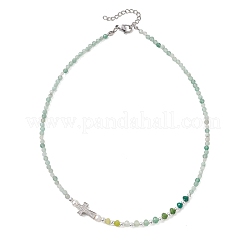 Natural Green Aventurine Faceted Round and Dyed Malaysia Jade & Pearl Beaded Necklaces with Brass Micro Pave Clear Cubic Zirconia Cross&nbsp;NJEW-JN05975-01