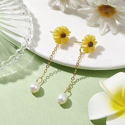 Natural Pearl & Resin Sunflower Dangle Stud Earrings&nbsp;EJEW-JE05692-02