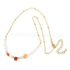 Natural Carnelian Chip and Rice Natural Pearl Beaded Necklaces&nbsp;GG-CBA3297-15G-E