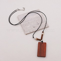 Wood Rectangle Pendant Black Waxed Cord Necklaces for Women&nbsp;WG2AEC3-01