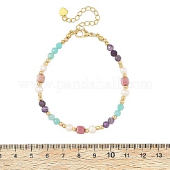 Natural Mixed Gemstone Faceted Round and Cube Beaded Bracelets with Natural Pearl & Brass End Chains&nbsp;BJEW-JB14336-01