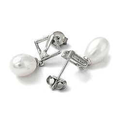 Anti-Tarnish Cubic Zirconia Rhombus with Natural Pearl Dangle Stud Earrings&nbsp;EJEW-F318-19P