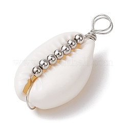 Natural Cowrie Shell Copper Wire Wrapped Round Brass Beads Pendants&nbsp;PALLOY-JF02938-05
