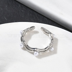 Brass with ABS Plastic Pearl Cuff Open Rings&nbsp;RJEW-Z145-07P