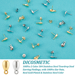 100Pcs 2 Color 304 Stainless Steel Teardrop Stud Earring Findings&nbsp;STAS-DC0009-67