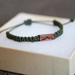 Wooden Rectangle with Mountain Adjustable Braided Polyester Cord Bracelets for Women Men&nbsp;WGDF35B-01