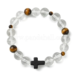 8MM Round Natural Quartz Crystal & Tiger Eye & Dyed Synthetic Turquoise Black Cross Beaded Stretch Bracelets for Women Men&nbsp;BJEW-TA00741