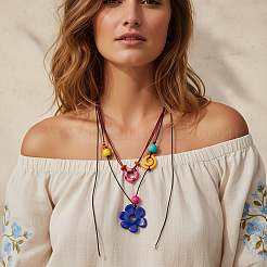 Resin and Wood Flower Conch Shape Pendant Waxed Cord Double Layer Necklaces for Women&nbsp;WG7D97B-01
