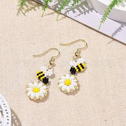 Glass Seed Braided Bee with Flower Dangle Earrings&nbsp;EJEW-MZ00025