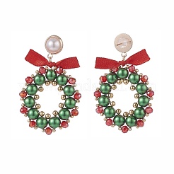 Glass Pearl Braided Christmas Wreath Dangle Stud Earrings&nbsp;EJEW-TA00082