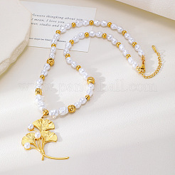 304 Stainless Steel Ginkgo Leaf Pendant Imitation Pearl Beaded Necklaces for Women&nbsp;WG458B2-01