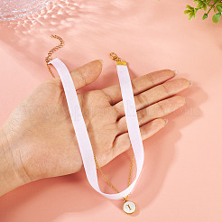 Alloy Enamel Letter Pendant Single Face White Velvet Ribbon & Brass Chain Double Layered Choker Necklaces&nbsp;NJEW-TAC0035