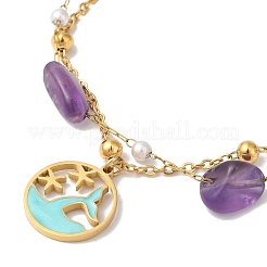 Nuggets Natural Amethyst & Imitation Pearl Multi-Strand Anklets&nbsp;BJEW-P326-03B-G
