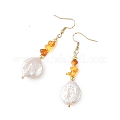 Natural Amber Chip & Natural Keshi Pearl Dangle Earrings&nbsp;EJEW-JE07445-01