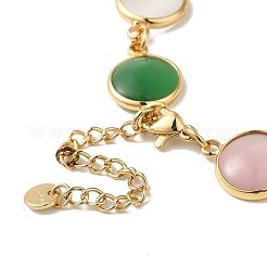 Colorful Flat Round Cat Eye & Brass Link Chain Bracelets for Women&nbsp;NJEW-K269-08KCG