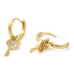 Brass with Cubic Zirconia Heart Key Dangle Hoop Earrings&nbsp;KK-Z033-31G