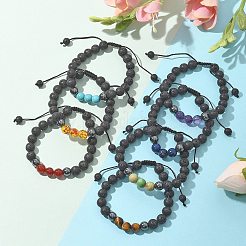 Natural Lava Rock and Non-Magnetic Synthetic Hematite Beads Braided Bead Bracelets&nbsp;BJEW-JB03975