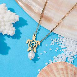 Natural Pearl & Hollow Turtle Lariat Necklaces&nbsp;NJEW-JN04528-01