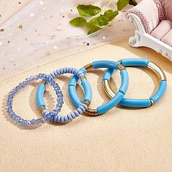 4Pcs 4 Style Acrylic Chunky Curved Tube Stretch Bracelet Sets&nbsp;BJEW-SW00074-03