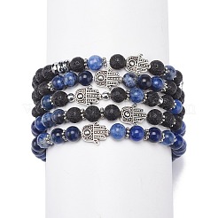 5Pcs 5 Style Natural Lava Rock & Sodalite Stretch Bracelets Set with Alloy Hamsa Hand Beaded&nbsp;BJEW-JB08737