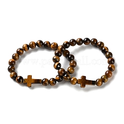 Natural & Synthetic Mixed Gemstone Cross & Round Beaded Stretch Bracelets&nbsp;BJEW-C119-01