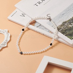 Natural Black Onyx Cross & Acrylic Imitation Pearl Beaded Necklace for Women&nbsp;NJEW-JN04218