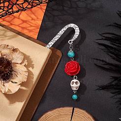 Skull Rose Resin & Synthetic Turquoise Charm Bookmarks&nbsp;AJEW-JK00326