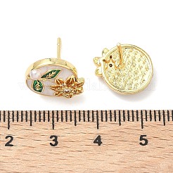 Oval with Flower Brass Micro Pave Cubic Zirconia Stud Earrings&nbsp;EJEW-P336-02G